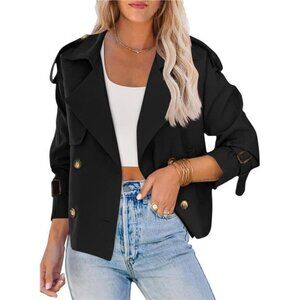 Women Crop Double Breasted Trench Coat Black